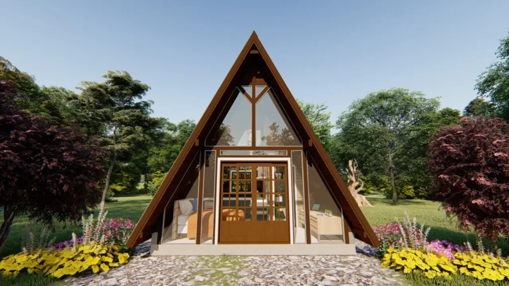 chalé de madeira com fachada de vidro construído pela Minha Casa Pré-fabricada