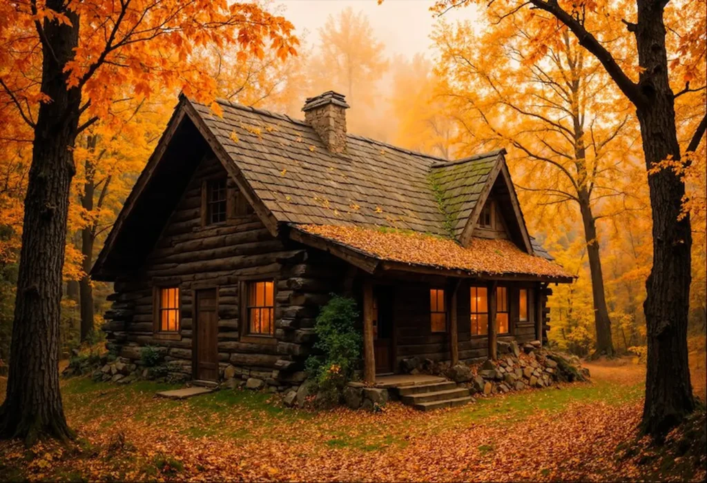 casa rústica de madeira no meio de floresta 