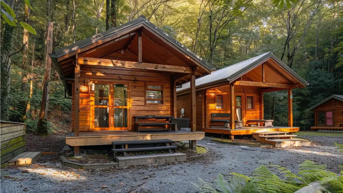 Duas casas de madeira na floresta, ilustrando o conceito de orçamento para casa de madeira