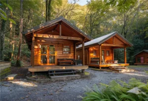 Duas casas de madeira na floresta, ilustrando o conceito de orçamento para casa de madeira