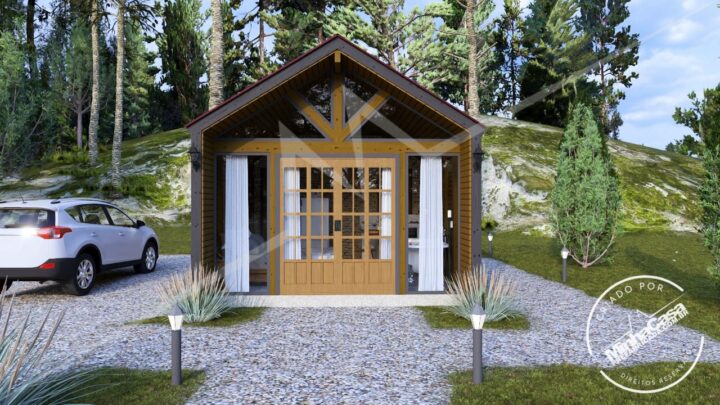 Fachada principal do Chalé Escandinavo 1.3 em pinus autoclave (3D)
