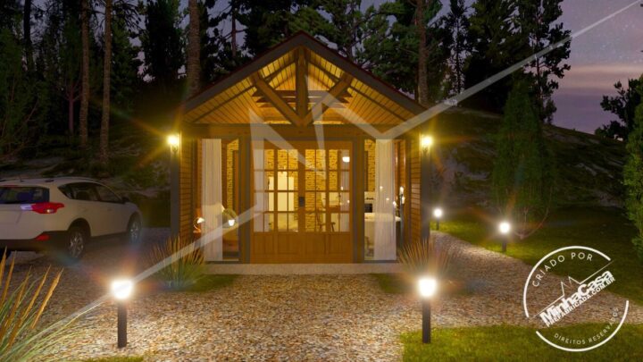 Fachada do Escandinavo 1.3 à noite, iluminação interna, pinus autoclave (3D)