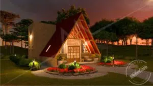 Fachada frontal da Pousada POP 2.4 ao entardecer, iluminação suave realçando a madeira.