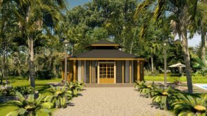 Casa pré-fabricada POP 2.20 Pentágono de 76,12m² em madeira pinus autoclave — fachada principal do modelo pentágono com paisagismo